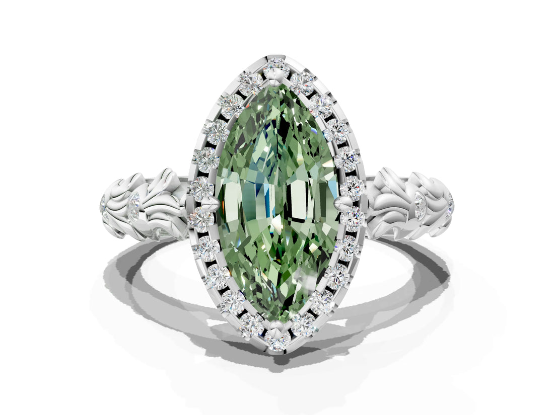 White gold Fancy Green Marquise Cut Halo Diamond Solitaire with Filigree Band and Four-Prong Setting