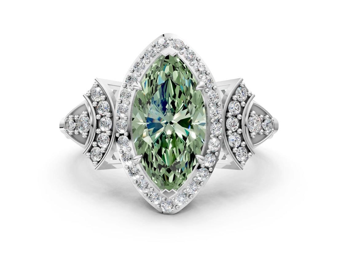 White gold Fancy Green Marquise Cut Halo Diamond Split Shank Engagement Ring with Four-Prong Setting