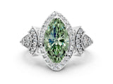 White gold Fancy Green Marquise Cut Halo Diamond Split Shank Engagement Ring with Four-Prong Setting