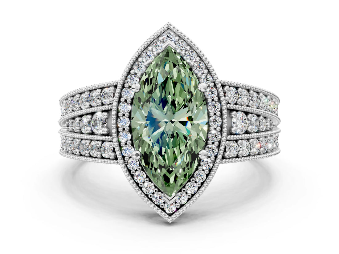 White gold Fancy Green Marquise Cut Halo Diamond Split Shank Ring with Prong Setting