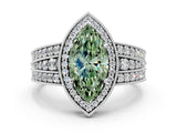 White gold Fancy Green Marquise Cut Halo Diamond Split Shank Ring with Prong Setting