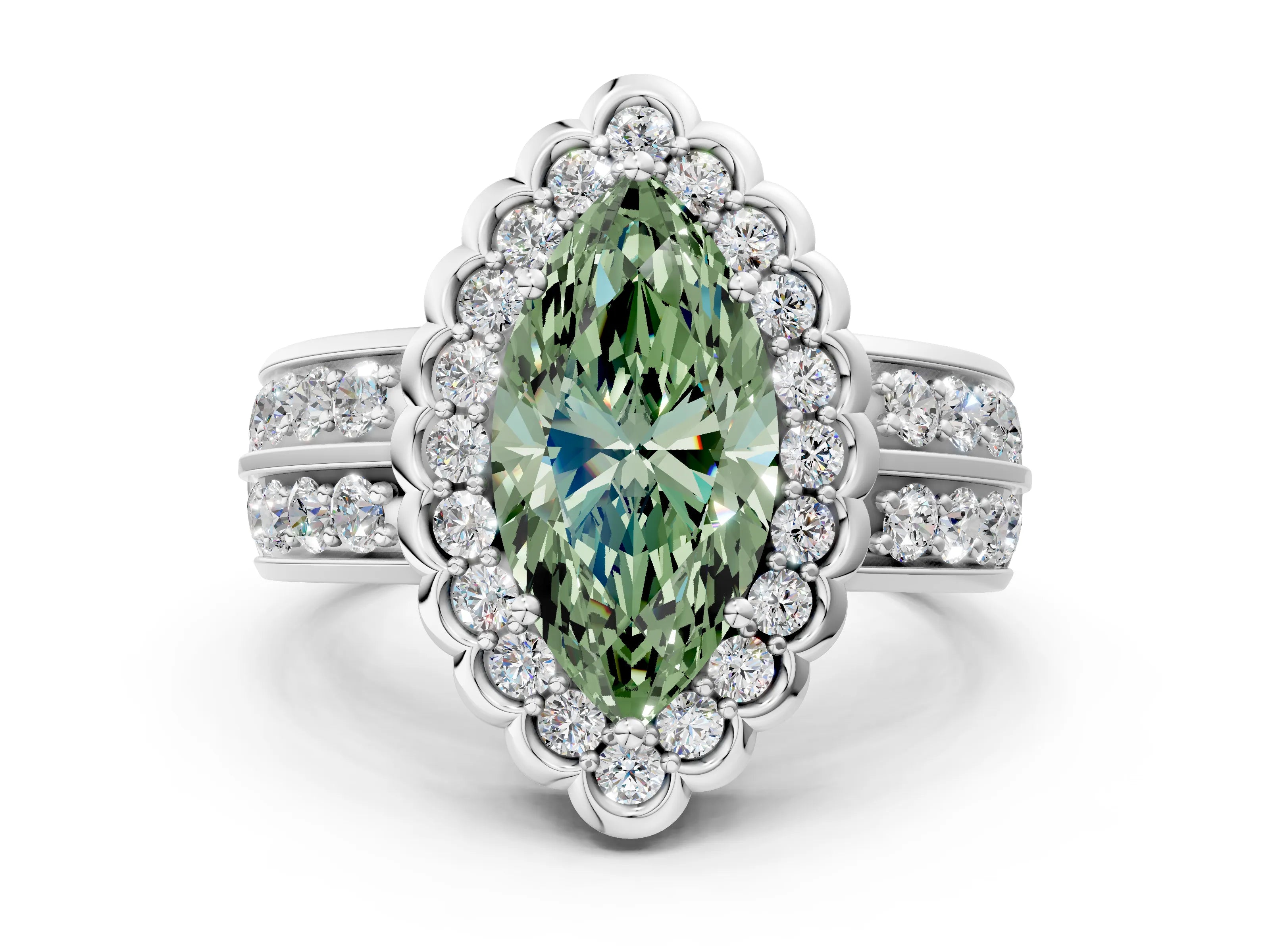 White gold Fancy Green Marquise Cut Halo Diamond Split Shank Ring with Scalloped Prong Setting_12