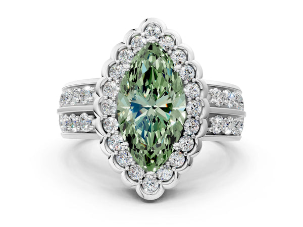White gold Fancy Green Marquise Cut Halo Diamond Split Shank Ring with Scalloped Prong Setting