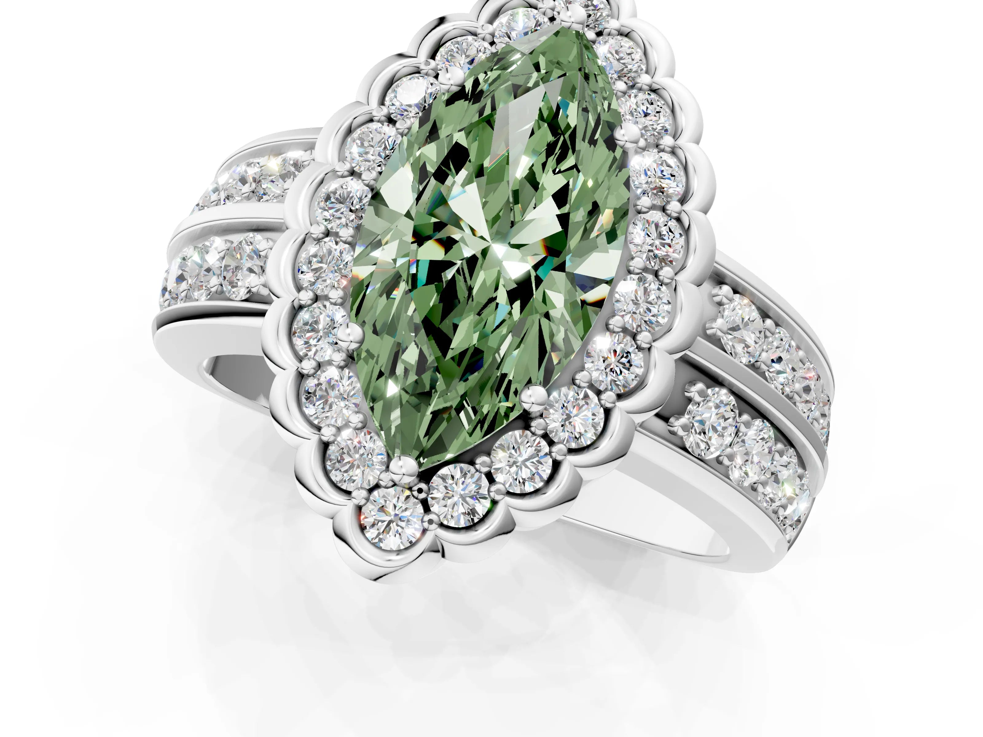White gold Fancy Green Marquise Cut Halo Diamond Split Shank Ring with Scalloped Prong Setting_13