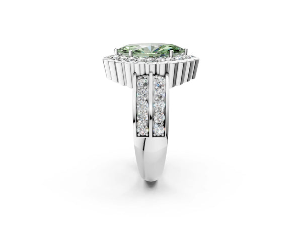 White gold Fancy Green Marquise Cut Halo Diamond Split Shank Ring with Scalloped Prong Setting