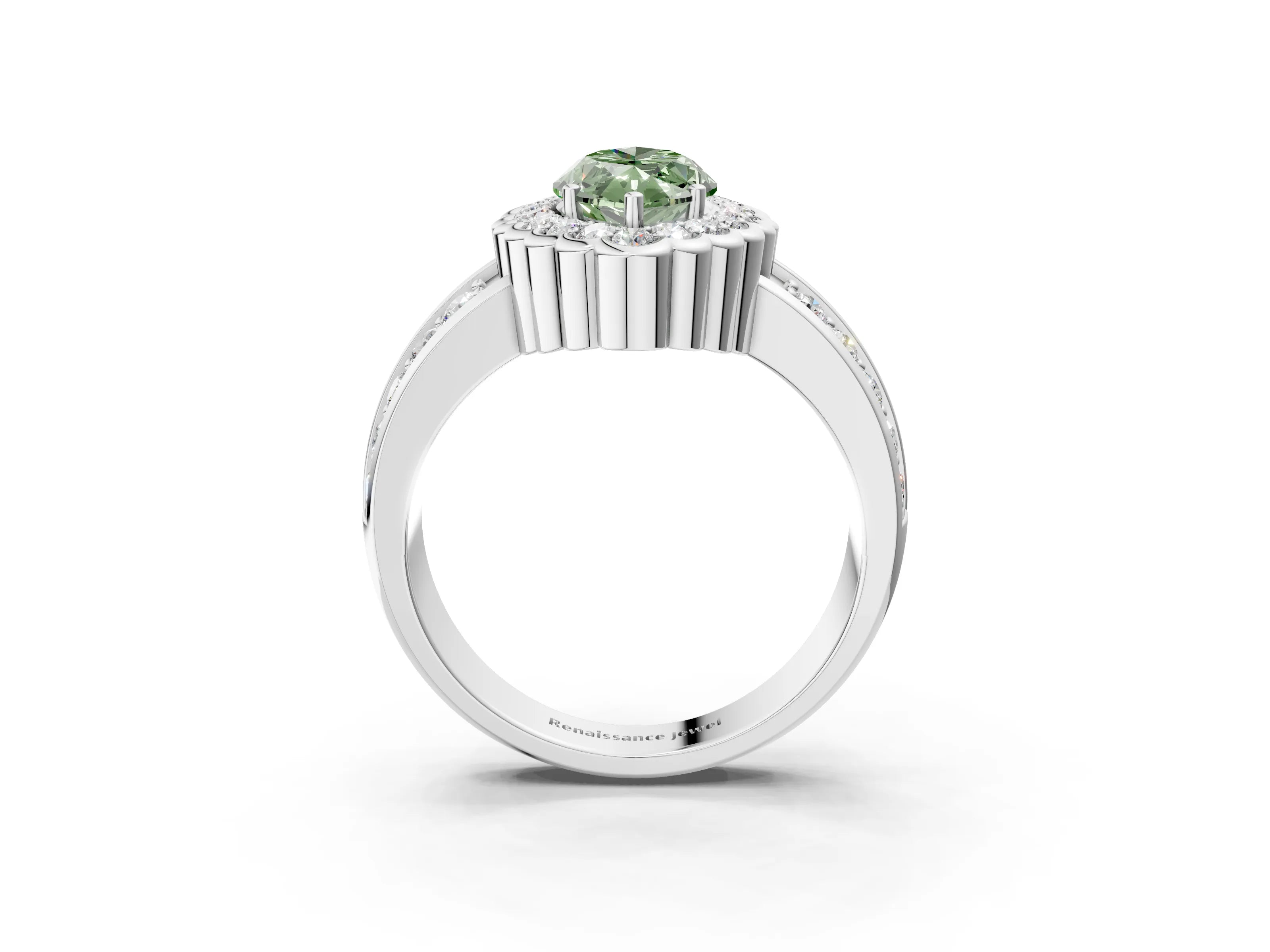 White gold Fancy Green Marquise Cut Halo Diamond Split Shank Ring with Scalloped Prong Setting_15