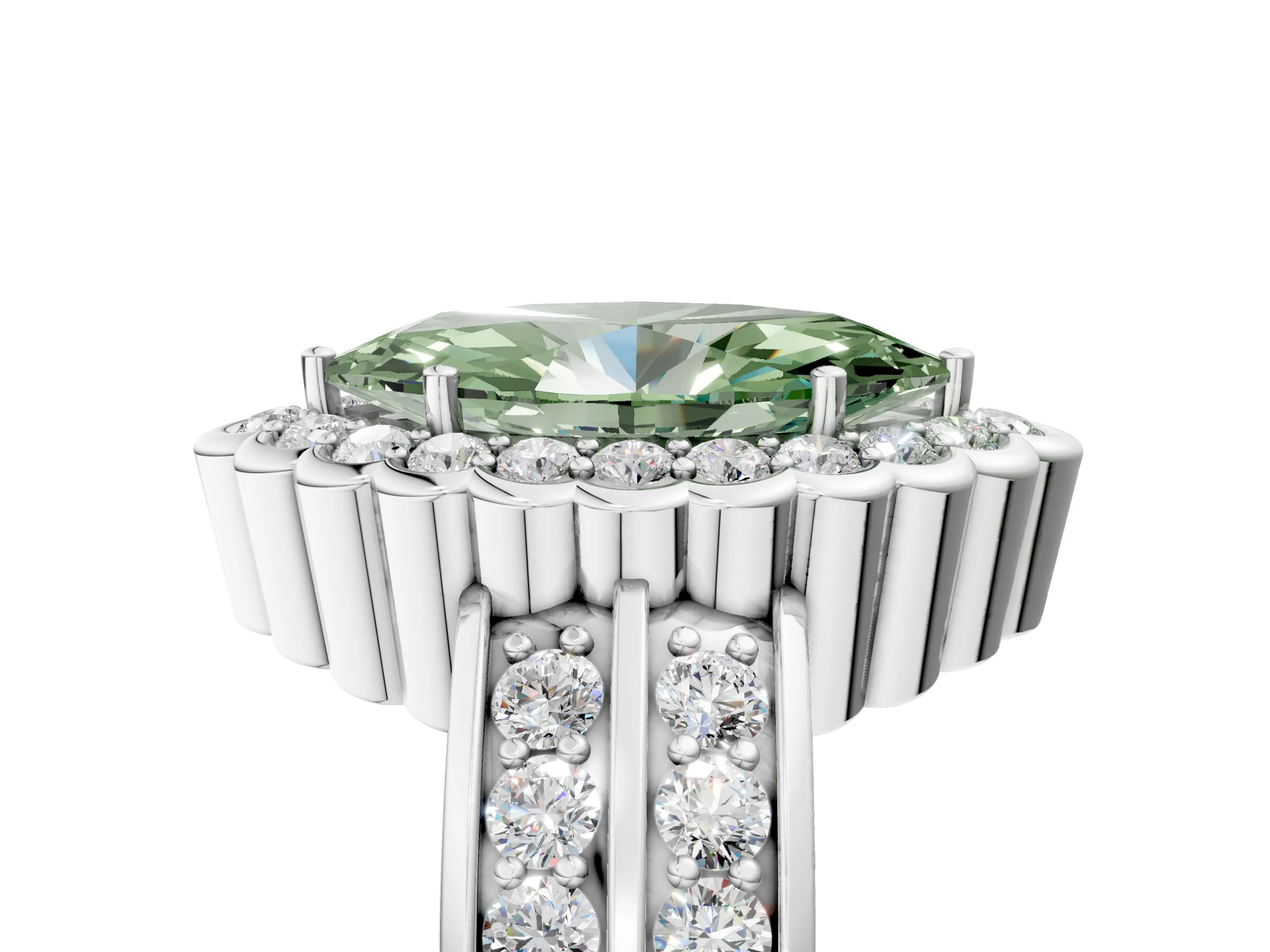 White gold Fancy Green Marquise Cut Halo Diamond Split Shank Ring with Scalloped Prong Setting_17