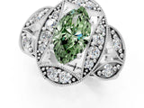 White gold Fancy Green Marquise Cut Halo Milgrain Diamond Engagement Ring with Leaf Band and Four-Prong Setting_1