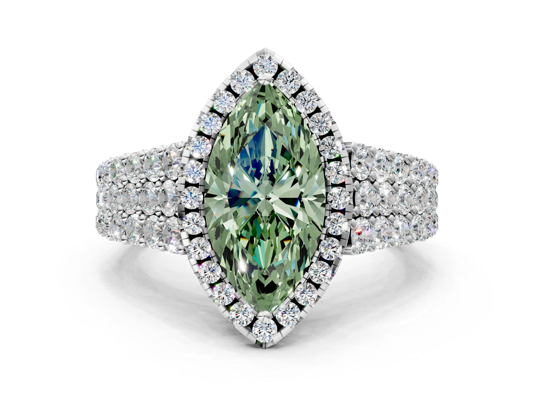 White gold Fancy Green Marquise Cut Halo Pavé Diamond Engagement Ring with Split Shank and Four-Prong Setting_3