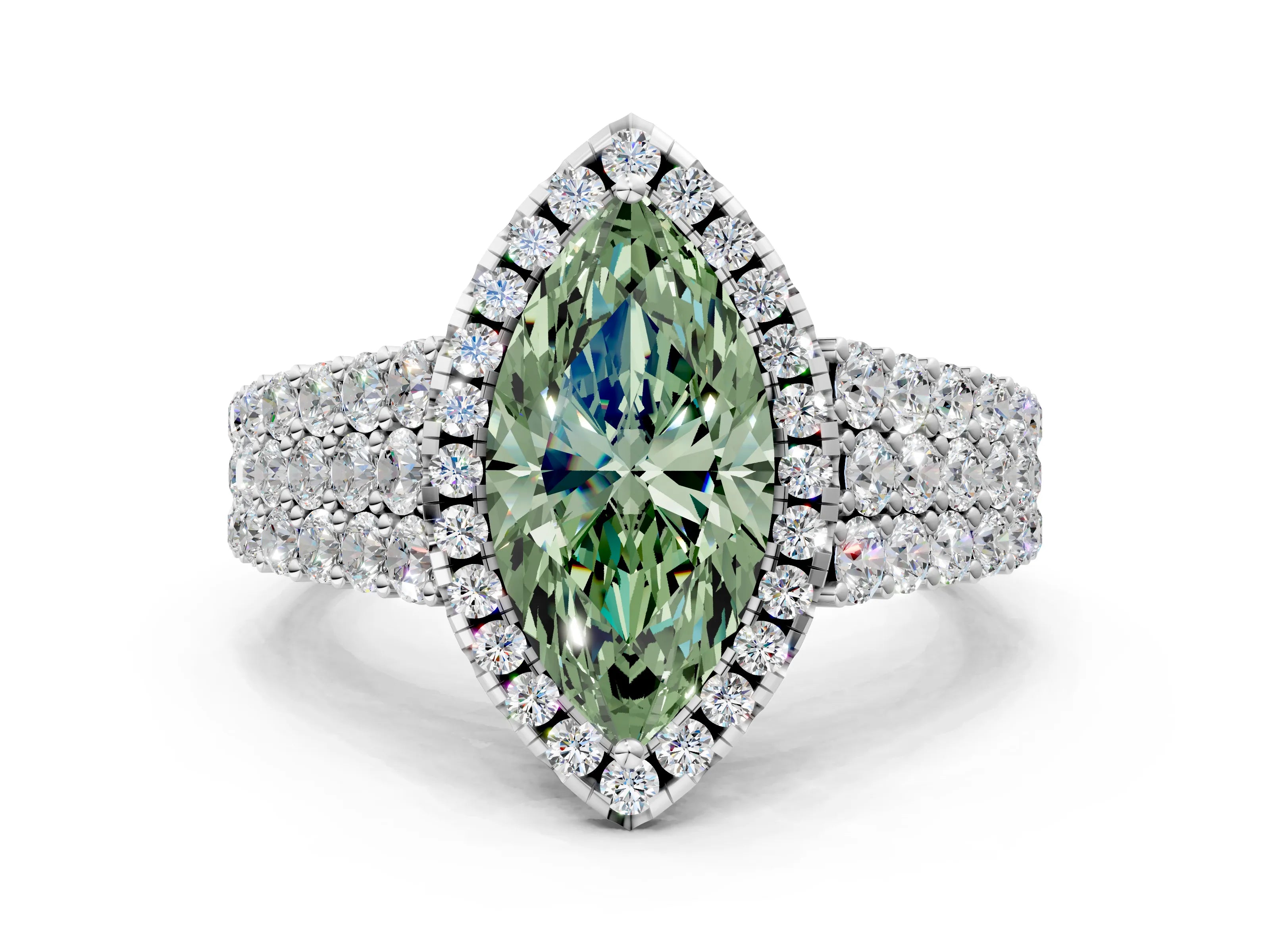 White gold Fancy Green Marquise Cut Halo Pavé Diamond Engagement Ring with Split Shank and Four-Prong Setting_3
