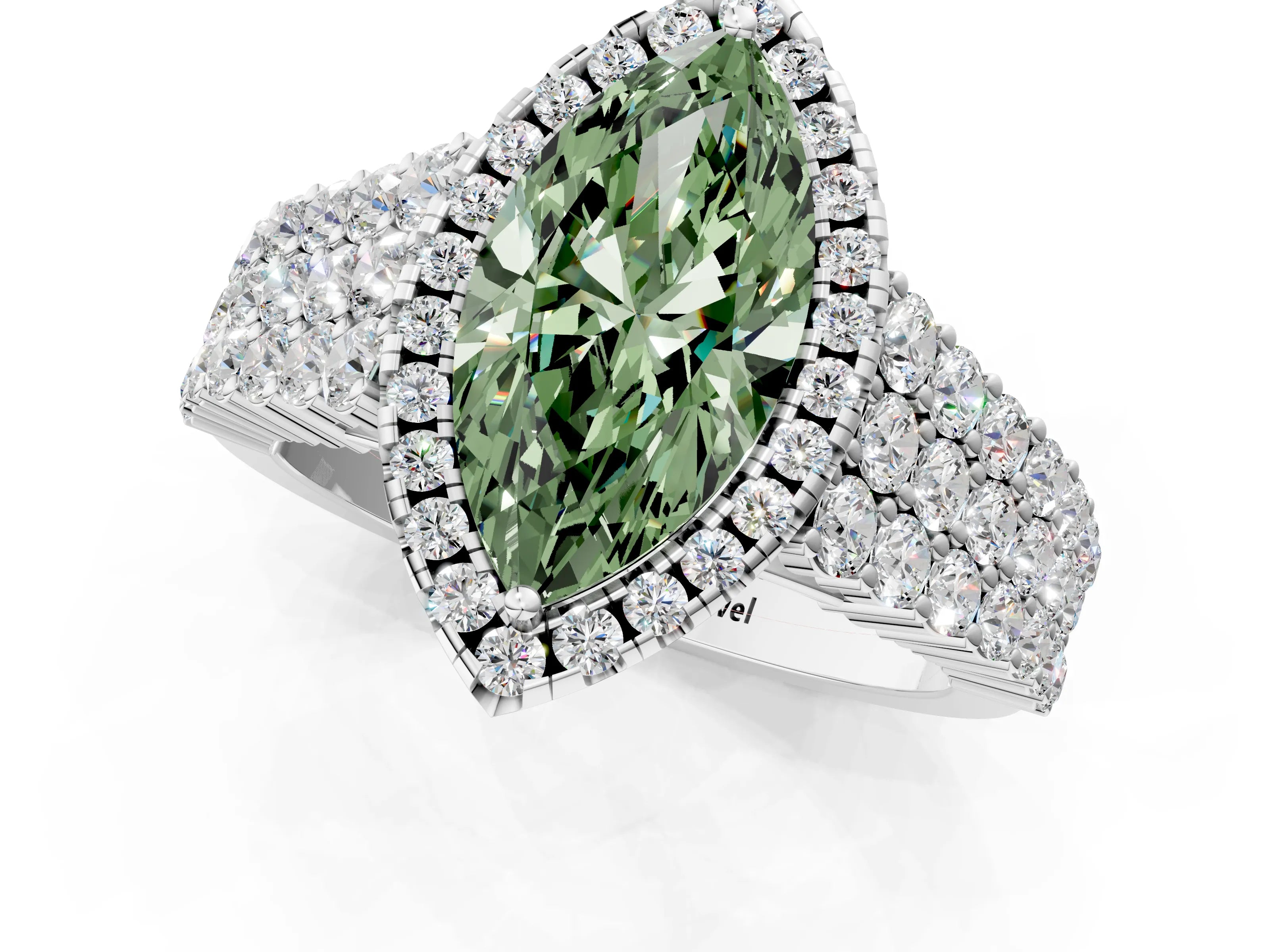 White gold Fancy Green Marquise Cut Halo Pavé Diamond Engagement Ring with Split Shank and Four-Prong Setting_4