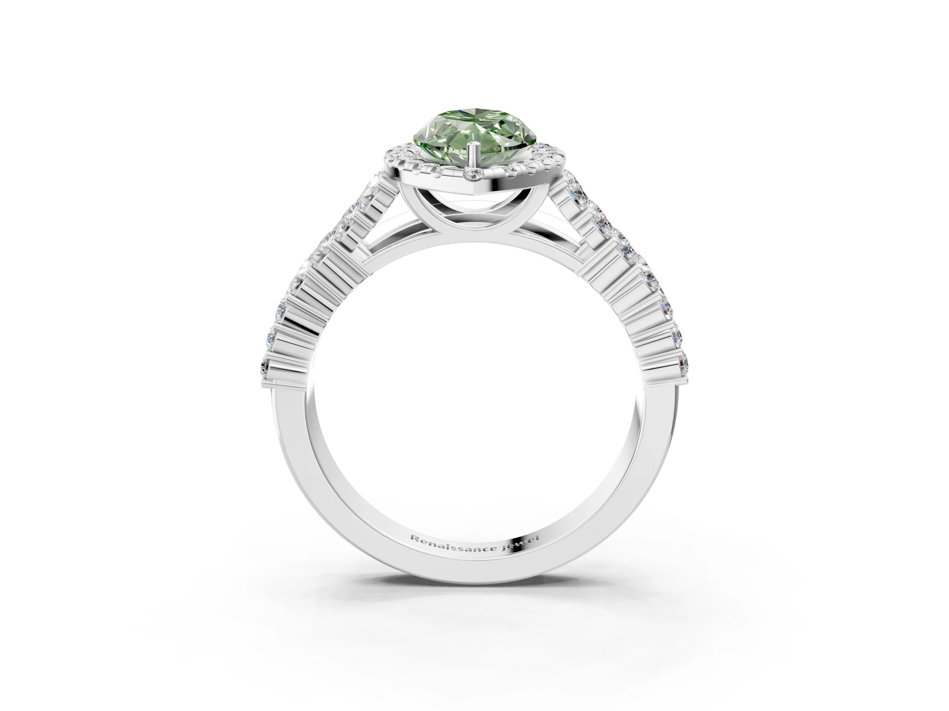 White gold Fancy Green Marquise Cut Halo Pavé Diamond Engagement Ring with Split Shank and Four-Prong Setting_6