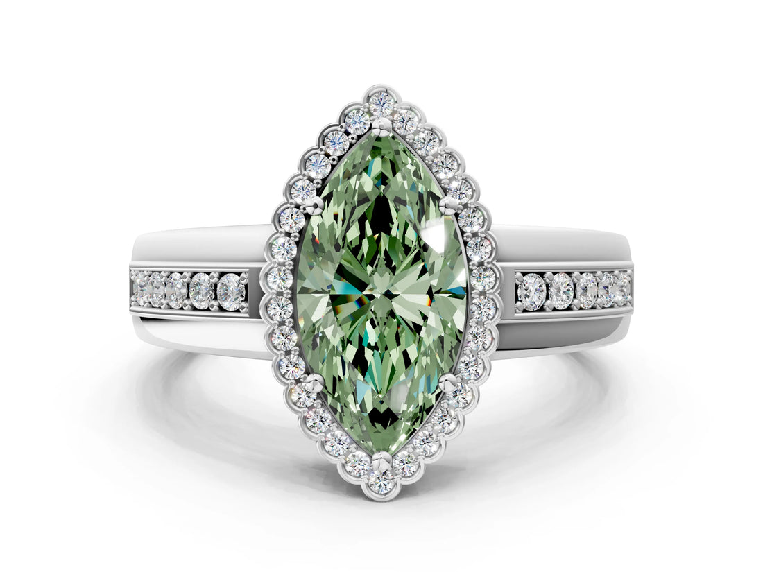 White gold Fancy Green Marquise  Cut Halo Pave Band Four-Prong Ring_49
