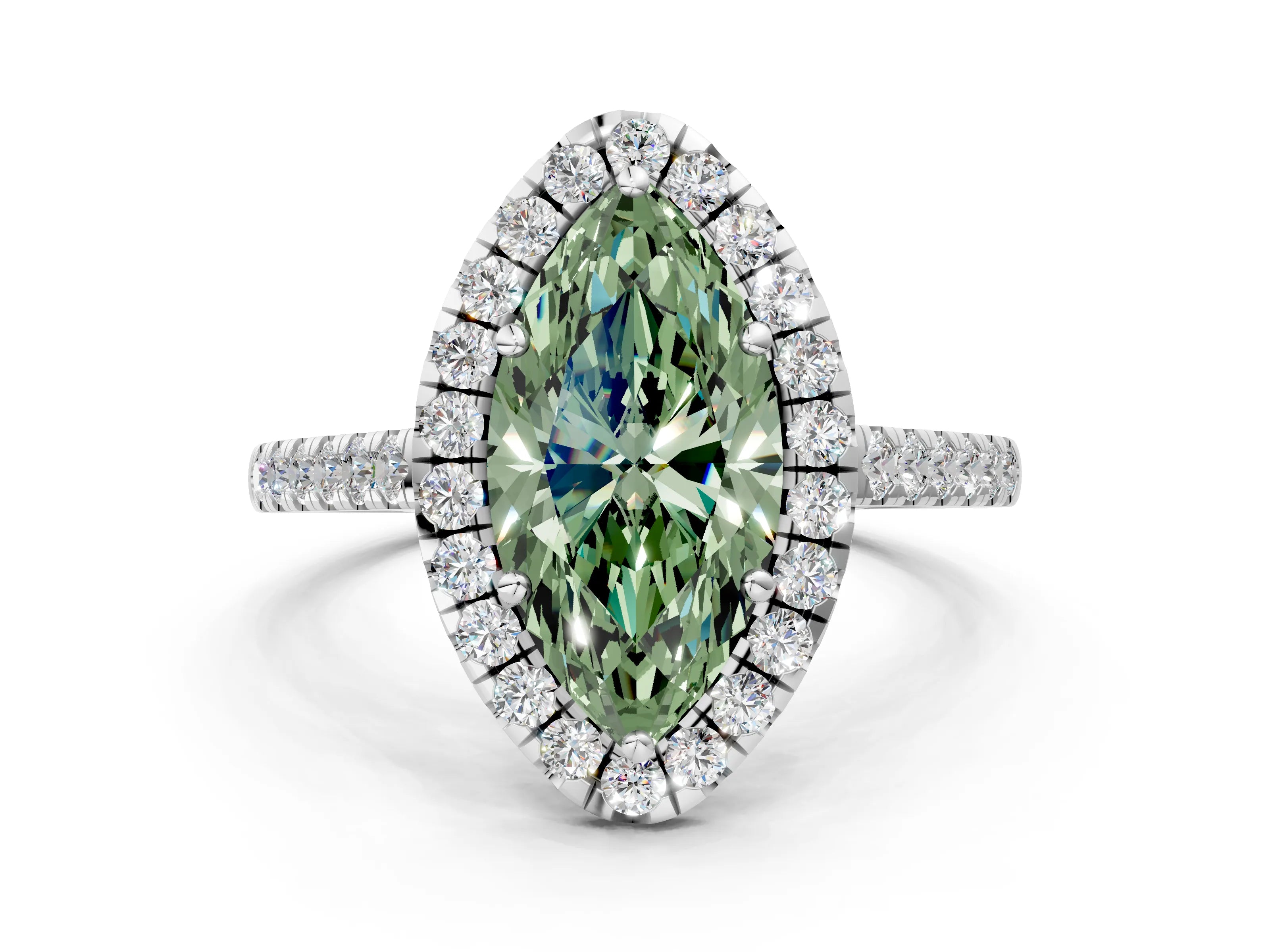 White gold Fancy Green Marquise Cut Halo Pave Diamond Engagement Ring with Four-Prong Setting_12