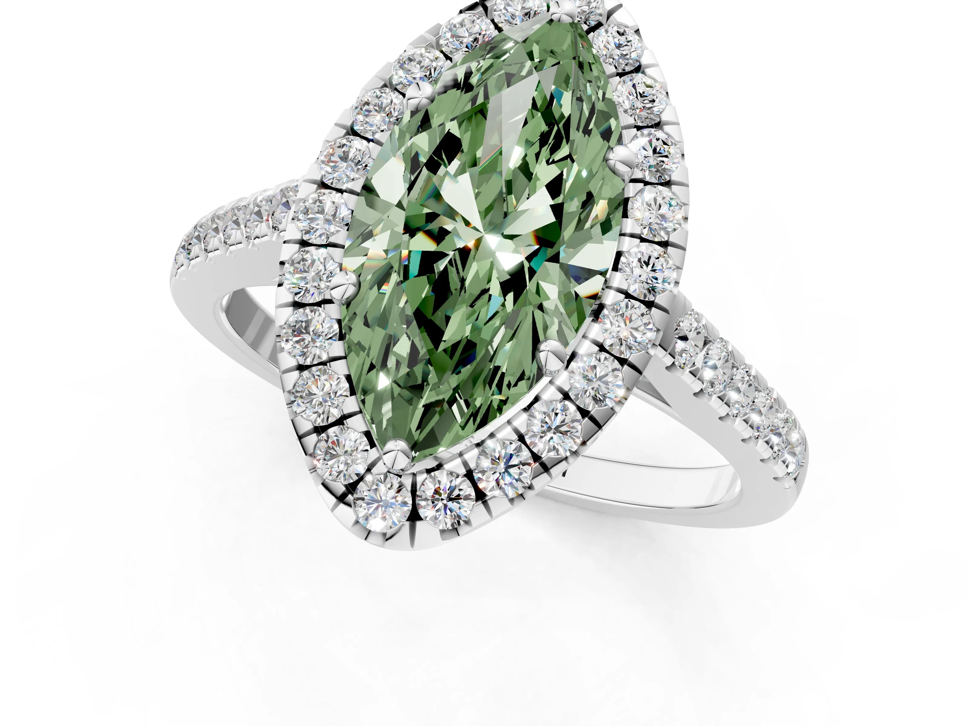 White gold Fancy Green Marquise Cut Halo Pave Diamond Engagement Ring with Four-Prong Setting_19