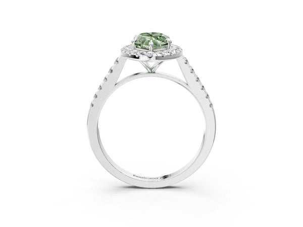 White gold Fancy Green Marquise Cut Halo Pave Diamond Engagement Ring with Four-Prong Setting