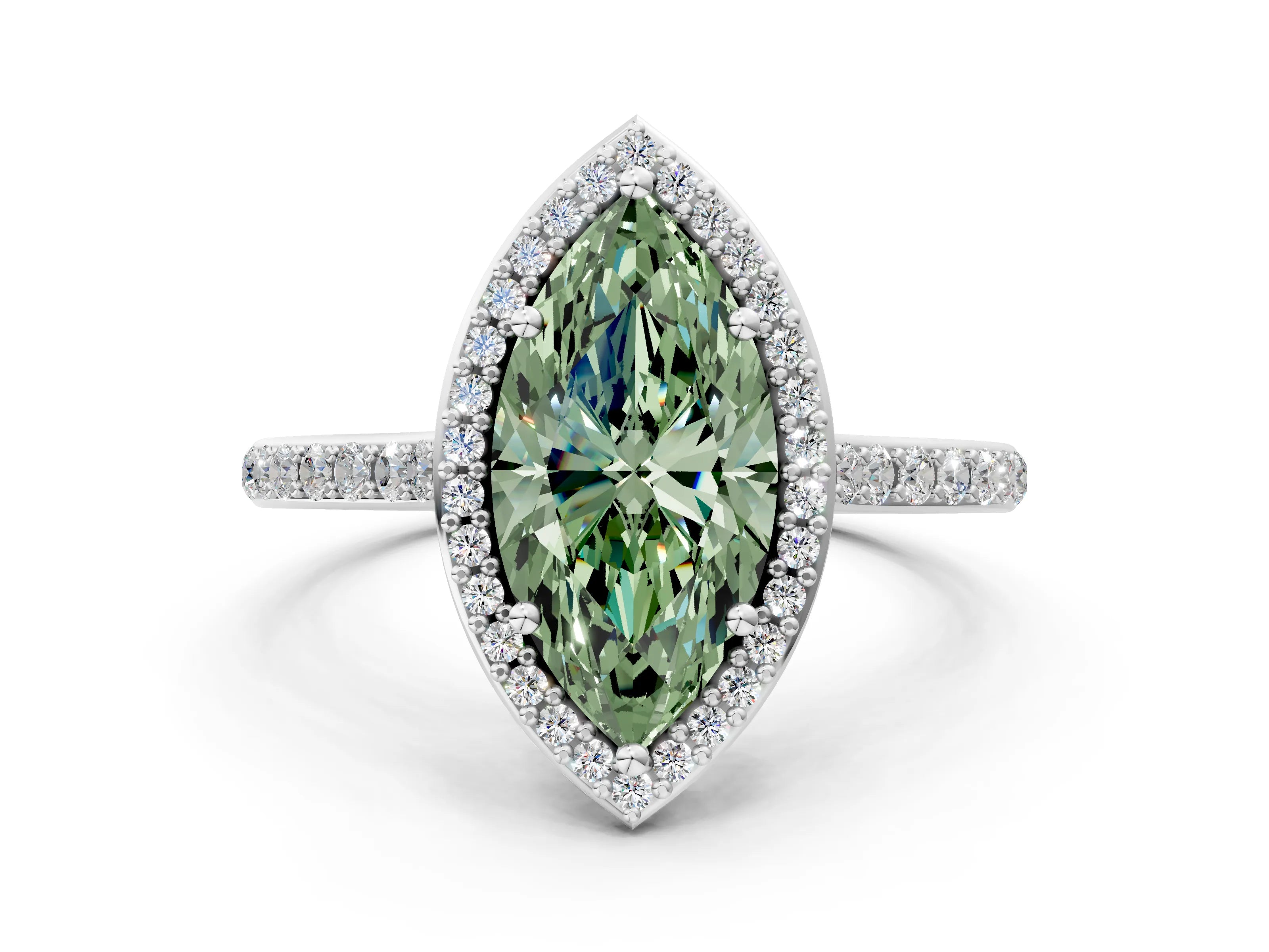 White gold Fancy Green Marquise Cut Halo Round Diamond Pavé Band with Four-Prong Setting_15