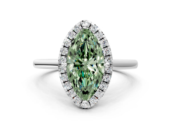 Platinum Fancy Green Marquise Cut Halo Round Diamond Solitaire Engagement Ring with Pave Band and Four-Prong Setting