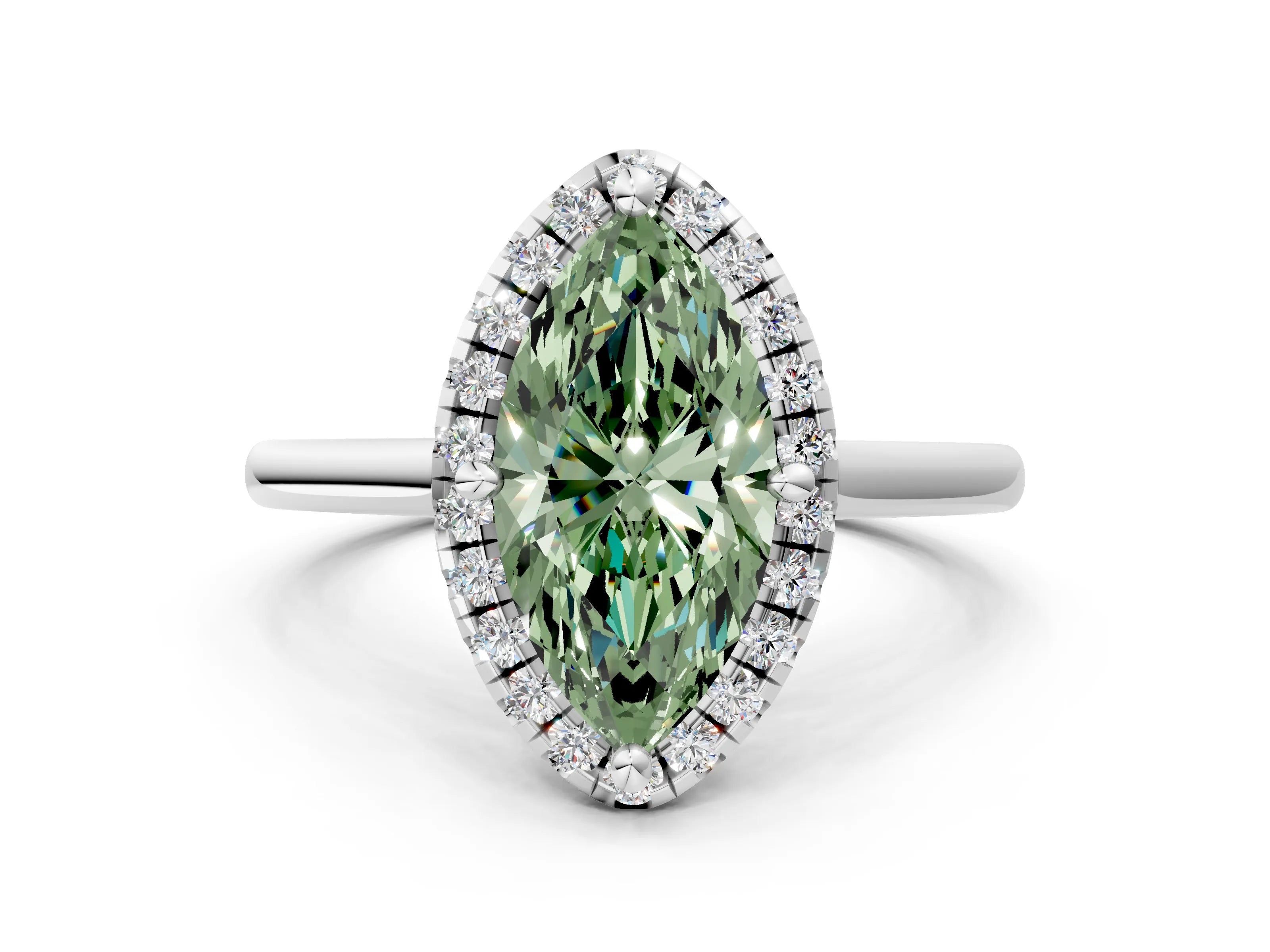 White gold Fancy Green Marquise Cut Halo Round Diamond Solitaire Engagement Ring with Pave Band and Four-Prong Setting_24