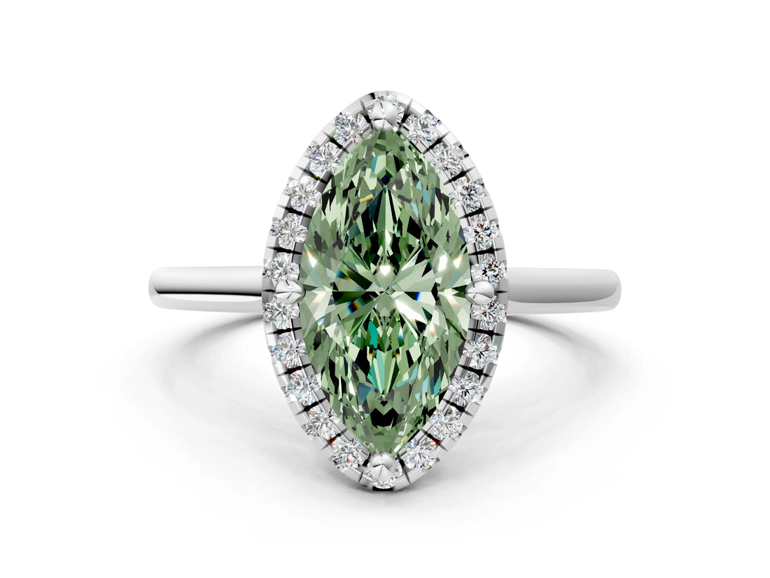 White gold Fancy Green Marquise Cut Halo Round Diamond Solitaire Engagement Ring with Pave Band and Four-Prong Setting_24