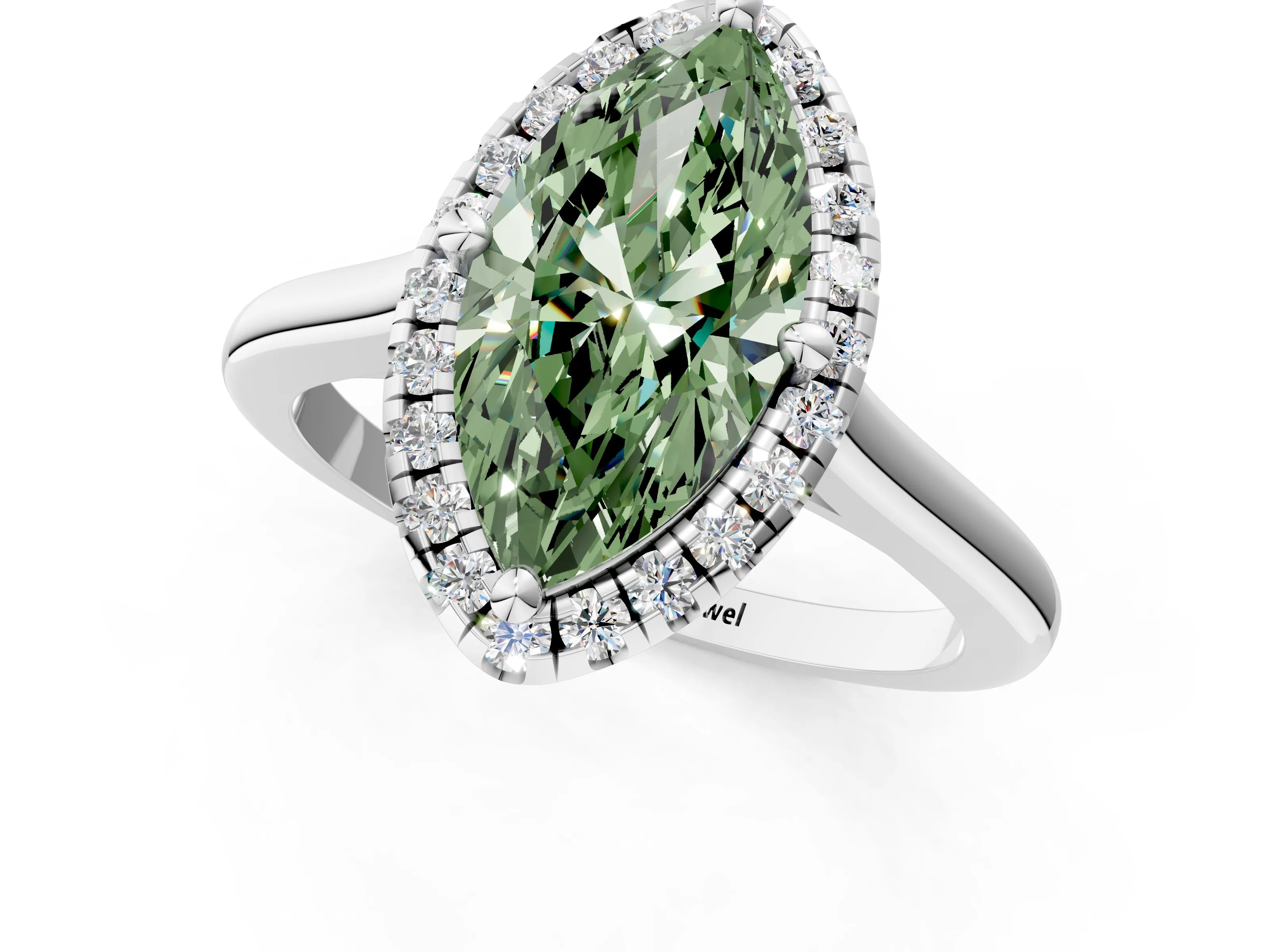 White gold Fancy Green Marquise Cut Halo Round Diamond Solitaire Engagement Ring with Pave Band and Four-Prong Setting_25
