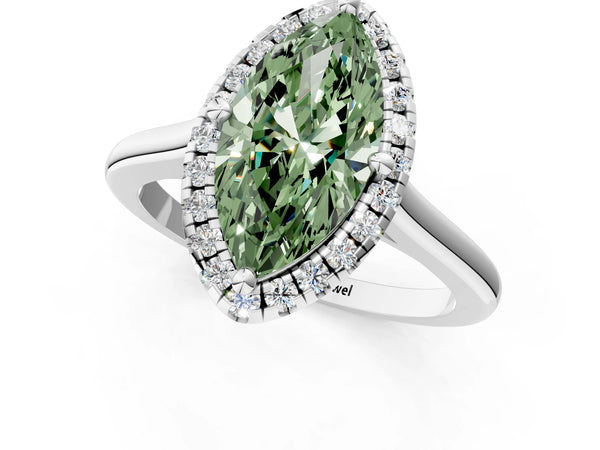 Platinum Fancy Green Marquise Cut Halo Round Diamond Solitaire Engagement Ring with Pave Band and Four-Prong Setting