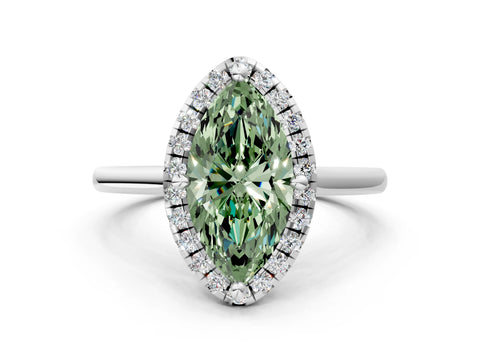 White gold Fancy Green Marquise Cut Halo Round Diamond Solitaire Engagement Ring with Pave Band and Four-Prong Setting_25