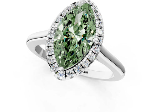 White gold Fancy Green Marquise Cut Halo Round Diamond Solitaire Engagement Ring with Pave Band and Four-Prong Setting_25