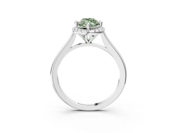 Platinum Fancy Green Marquise Cut Halo Round Diamond Solitaire Engagement Ring with Pave Band and Four-Prong Setting