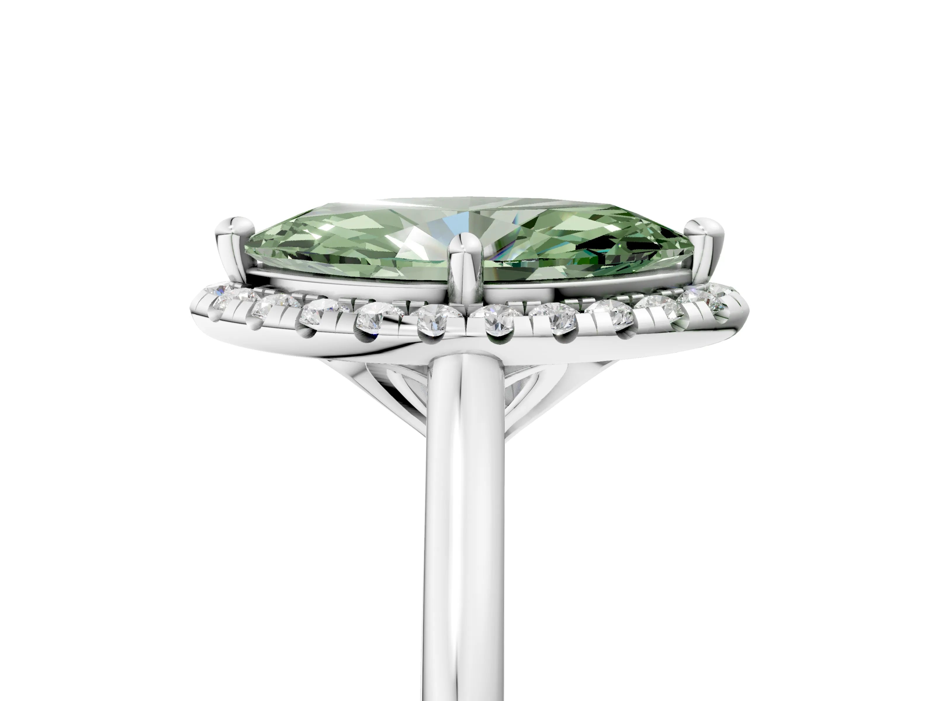 White gold Fancy Green Marquise Cut Halo Round Diamond Solitaire Engagement Ring with Pave Band and Four-Prong Setting_29