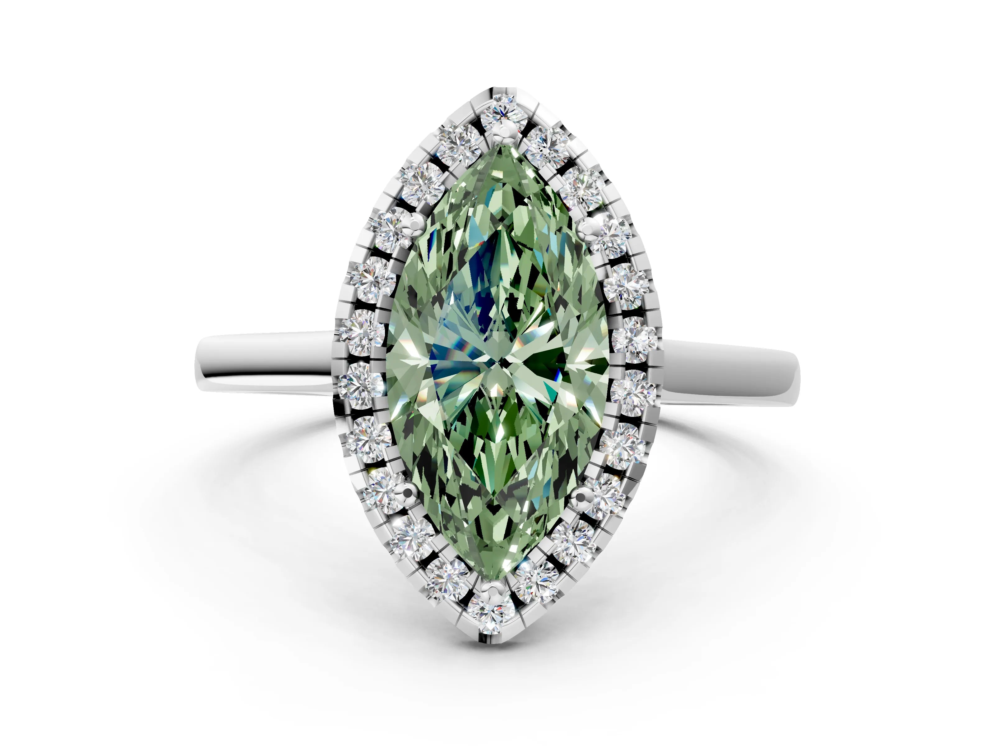 White gold Fancy Green Marquise Cut Halo Round Diamond Solitaire Ring with Pavé Band and Four-Prong Setting