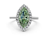 White gold Fancy Green Marquise Cut Halo Round Diamond Solitaire Ring with Pavé Band and Four-Prong Setting