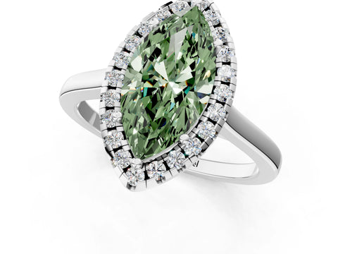 White gold Fancy Green Marquise Cut Halo Round Diamond Solitaire Ring with Pavé Band and Four-Prong Setting_1