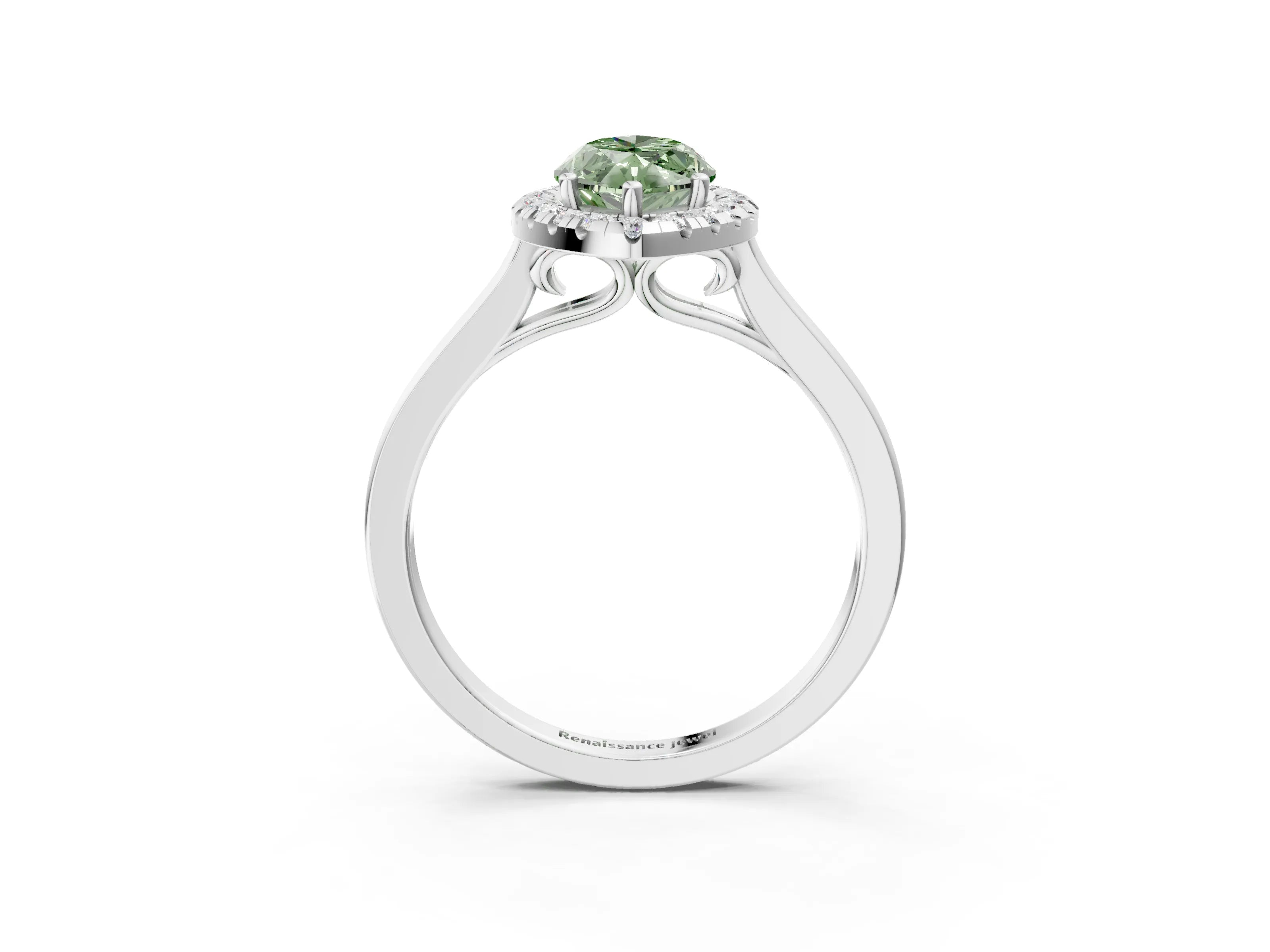 White gold Fancy Green Marquise Cut Halo Round Diamond Solitaire Ring with Pavé Band and Four-Prong Setting_3