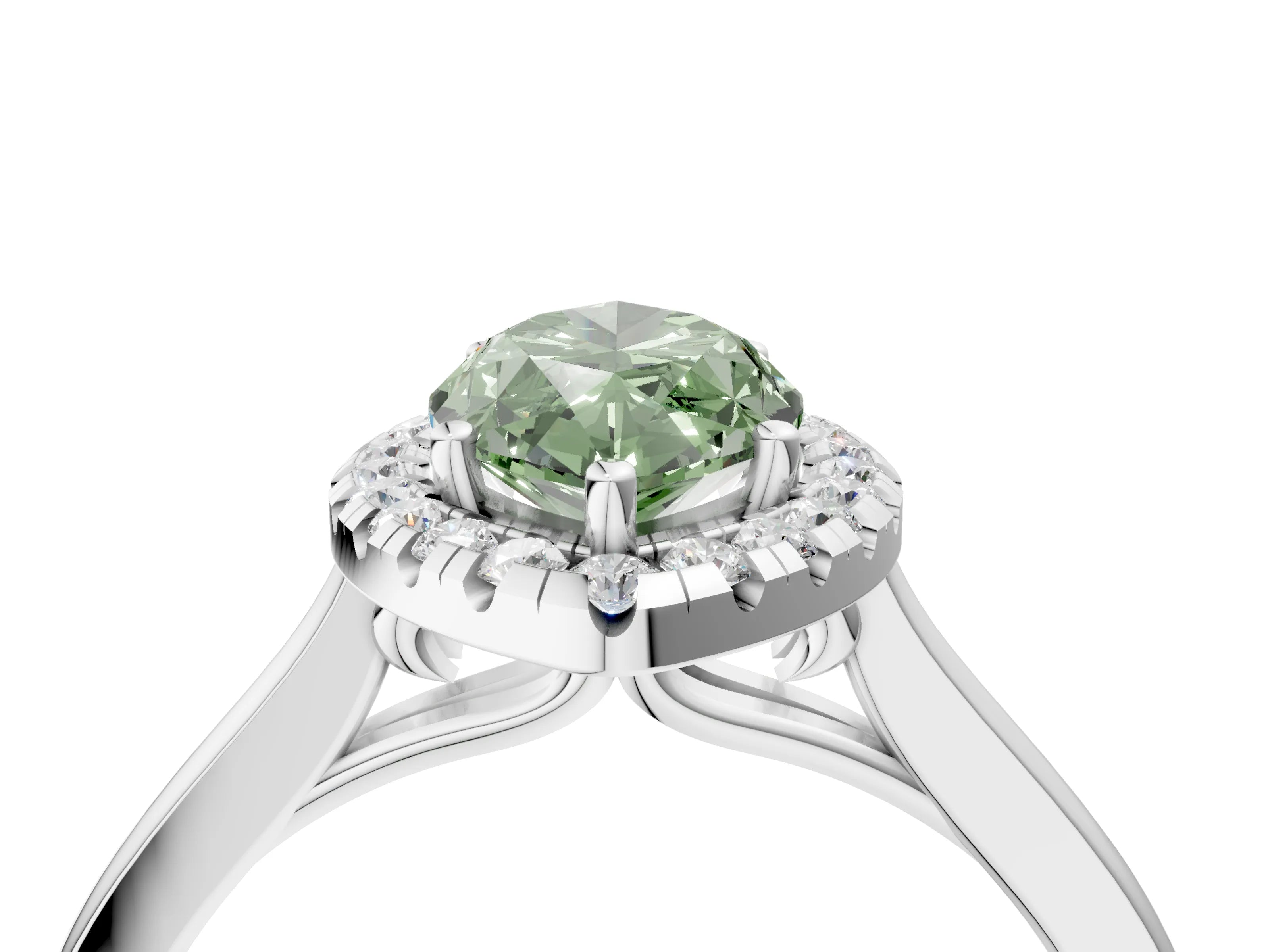 White gold Fancy Green Marquise Cut Halo Round Diamond Solitaire Ring with Pavé Band and Four-Prong Setting_4