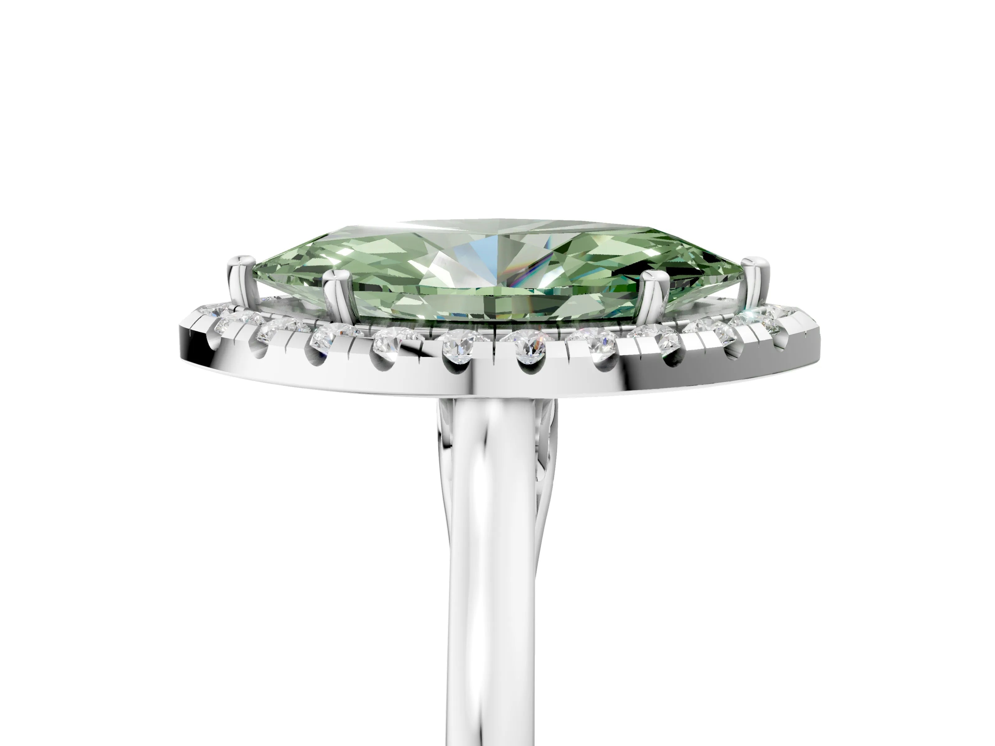 White gold Fancy Green Marquise Cut Halo Round Diamond Solitaire Ring with Pavé Band and Four-Prong Setting_5