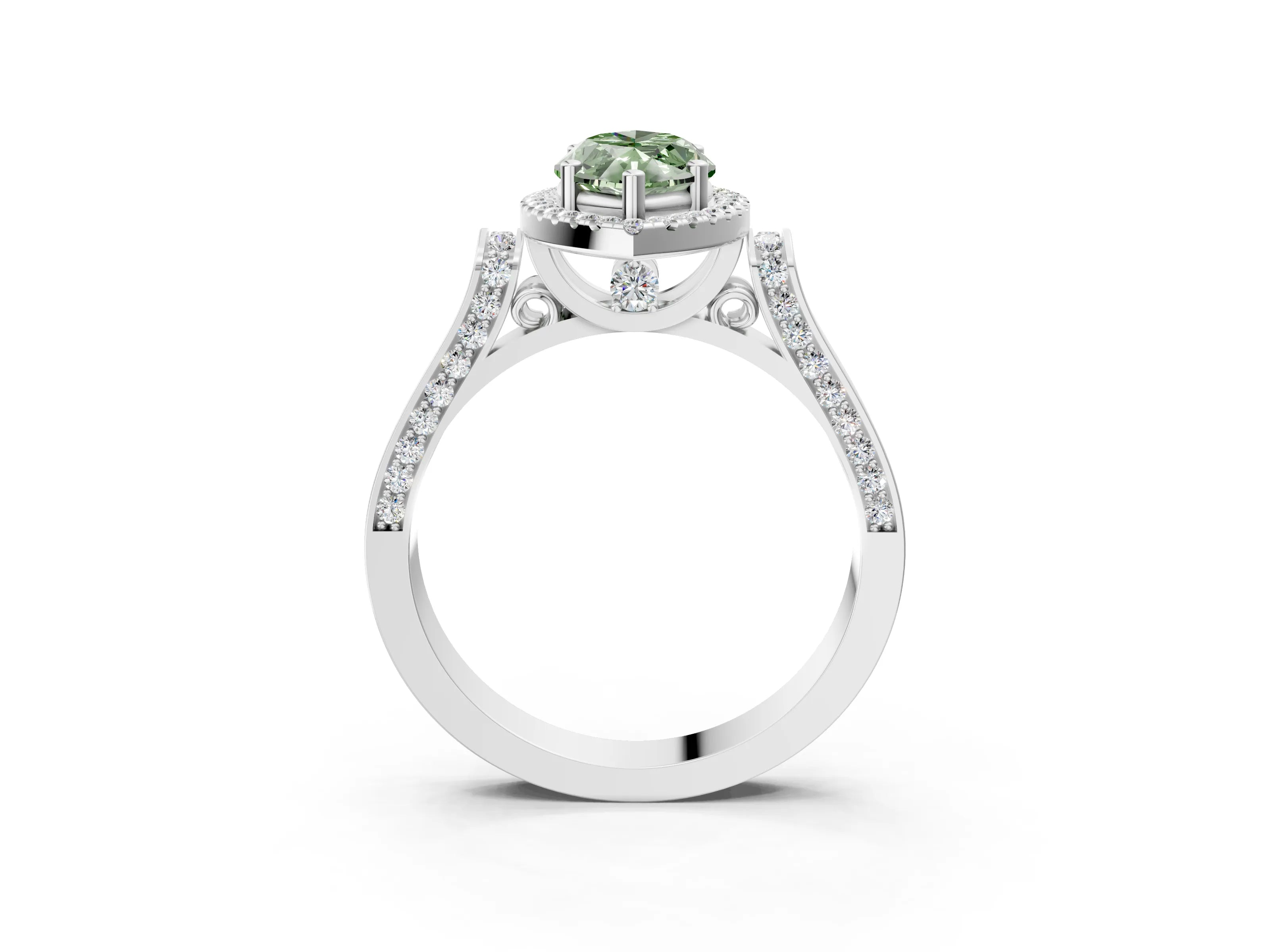 White gold Fancy Green Marquise Cut Halo Round Diamond Twist Band with Four-Prong Setting_16
