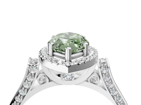 White gold Fancy Green Marquise Cut Halo Round Diamond Twist Band with Four-Prong Setting_16