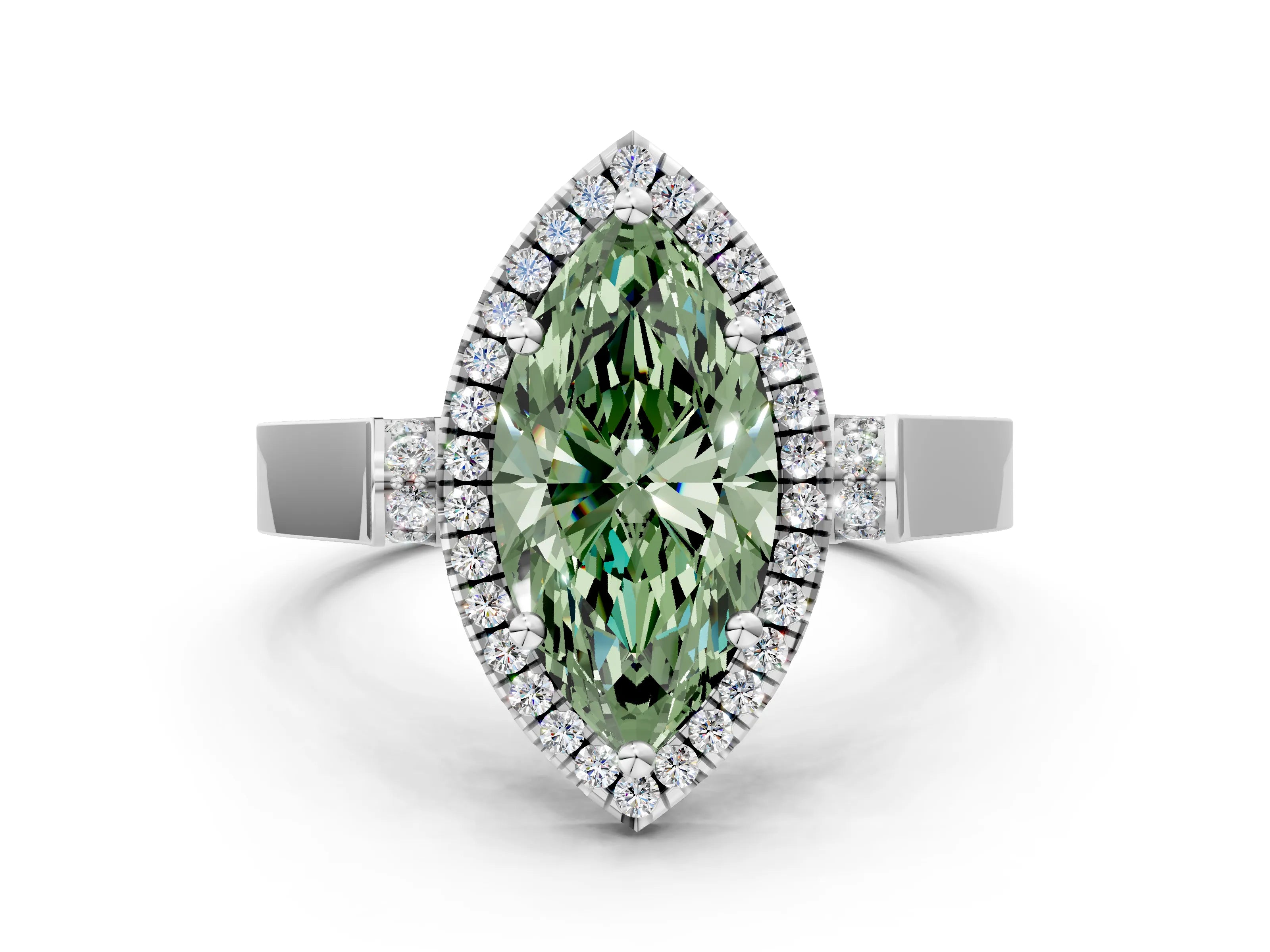 White gold Fancy Green Marquise Cut Halo Round Diamond Twist Band with Four-Prong Setting_24