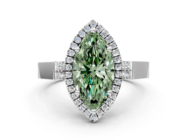 Platinum Fancy Green Marquise Cut Halo Round Diamond Twist Band with Four-Prong Setting