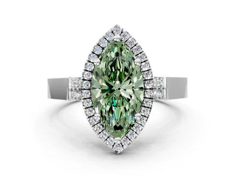 White gold Fancy Green Marquise Cut Halo Round Diamond Twist Band with Four-Prong Setting_24