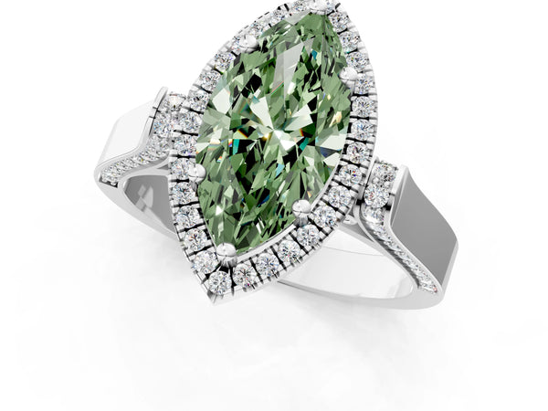 Platinum Fancy Green Marquise Cut Halo Round Diamond Twist Band with Four-Prong Setting