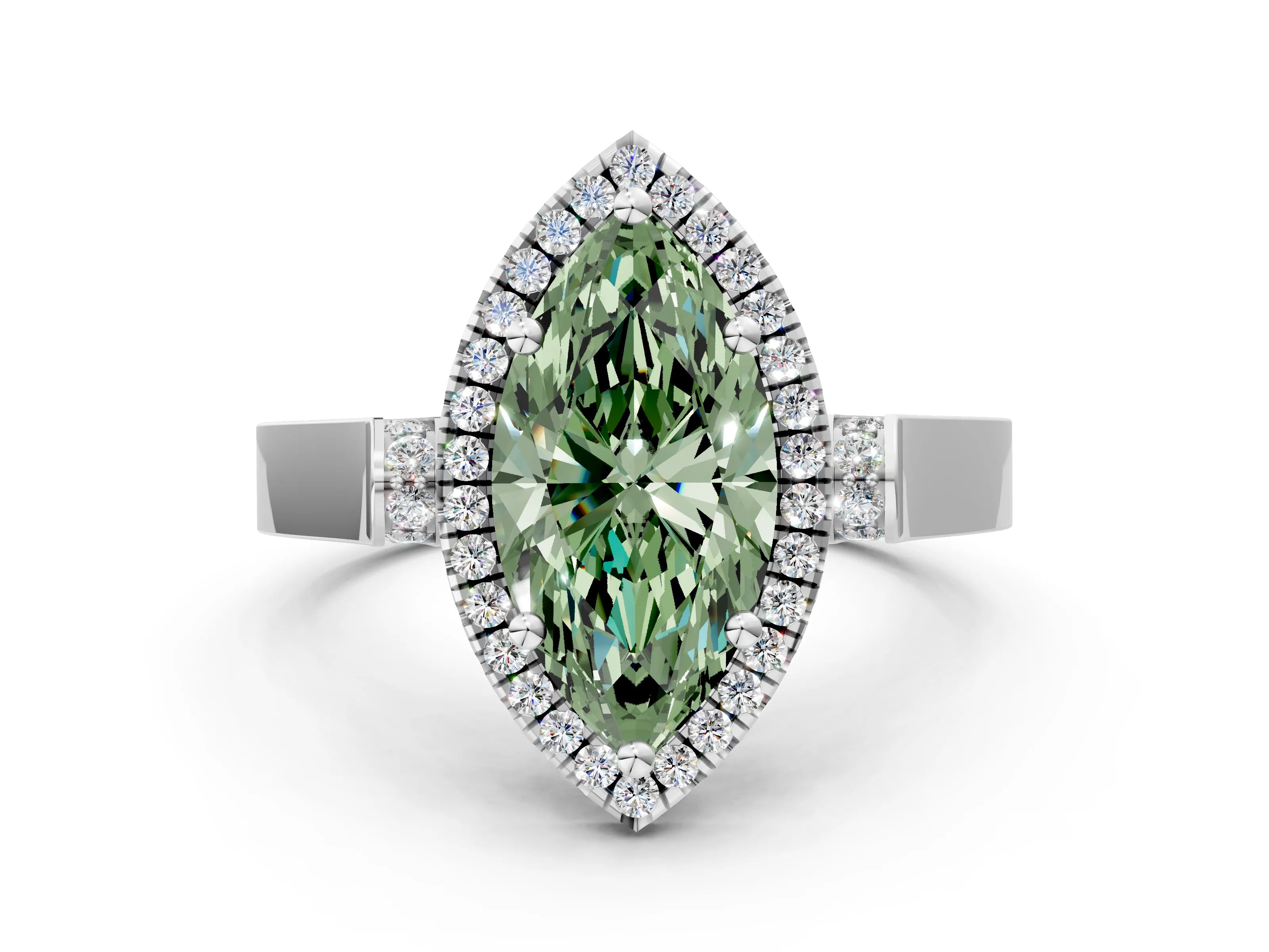 White gold Fancy Green Marquise Cut Halo Round Diamond Twist Band with Four-Prong Setting_25