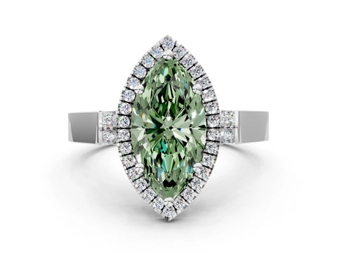 White gold Fancy Green Marquise Cut Halo Round Diamond Twist Band with Four-Prong Setting_25