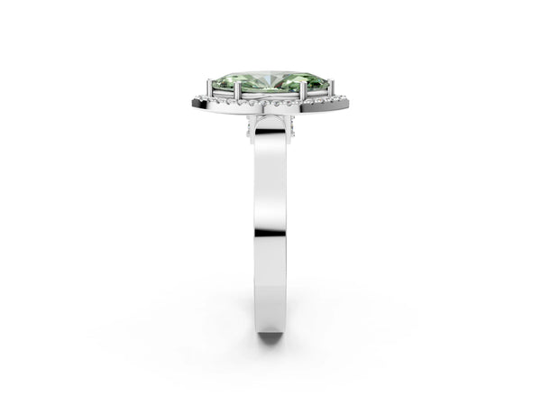Platinum Fancy Green Marquise Cut Halo Round Diamond Twist Band with Four-Prong Setting