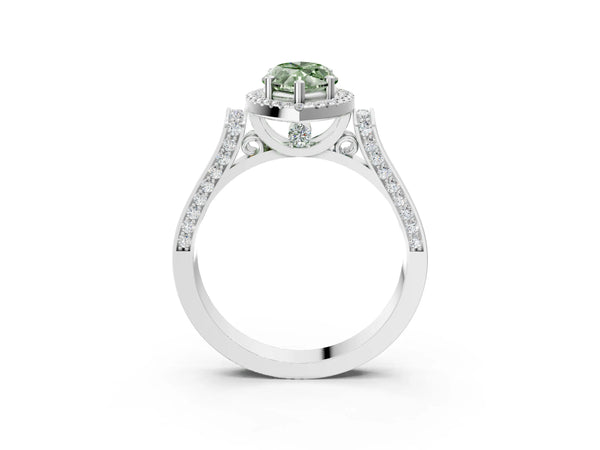 Platinum Fancy Green Marquise Cut Halo Round Diamond Twist Band with Four-Prong Setting