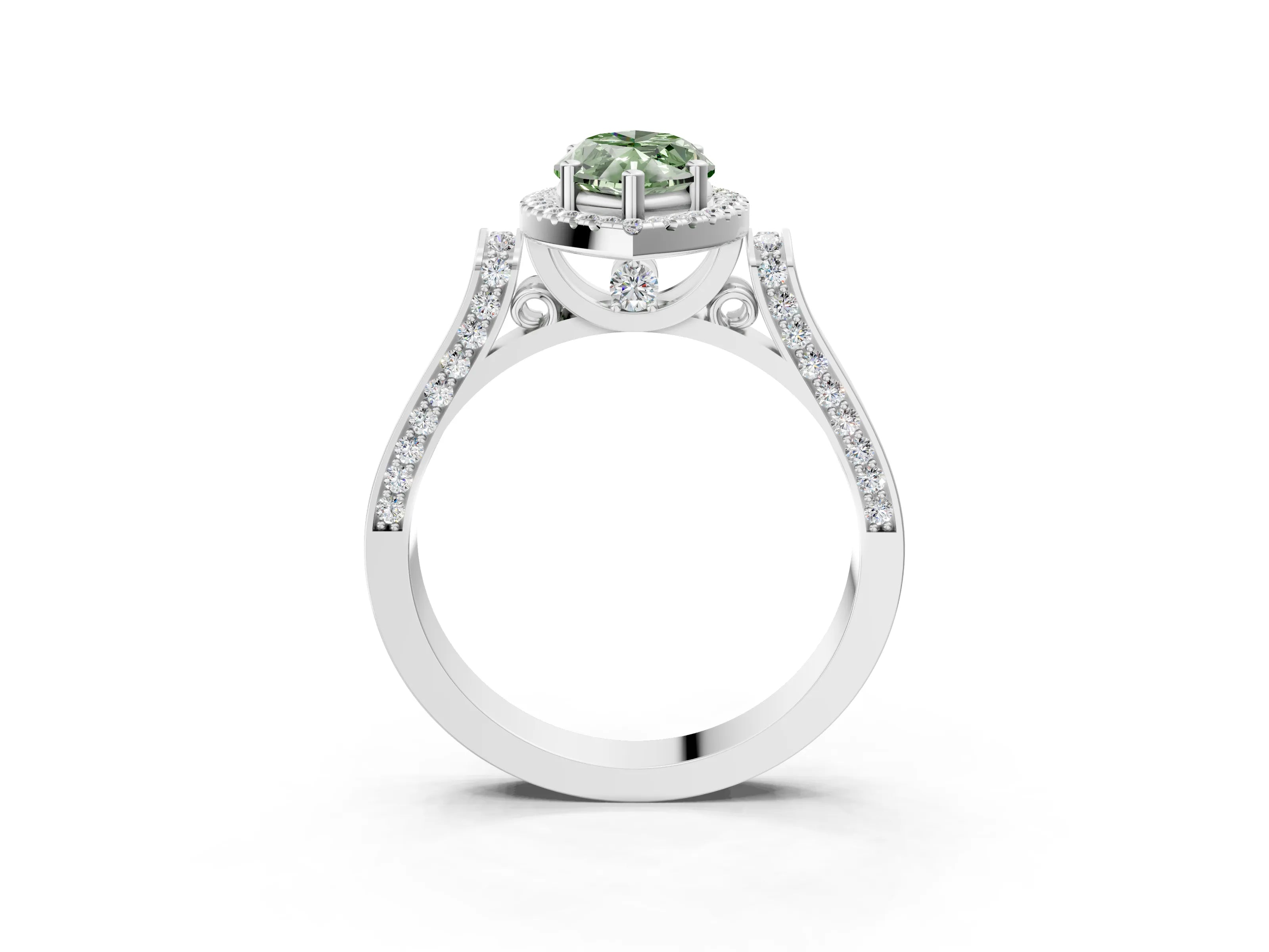 White gold Fancy Green Marquise Cut Halo Round Diamond Twist Band with Four-Prong Setting_27