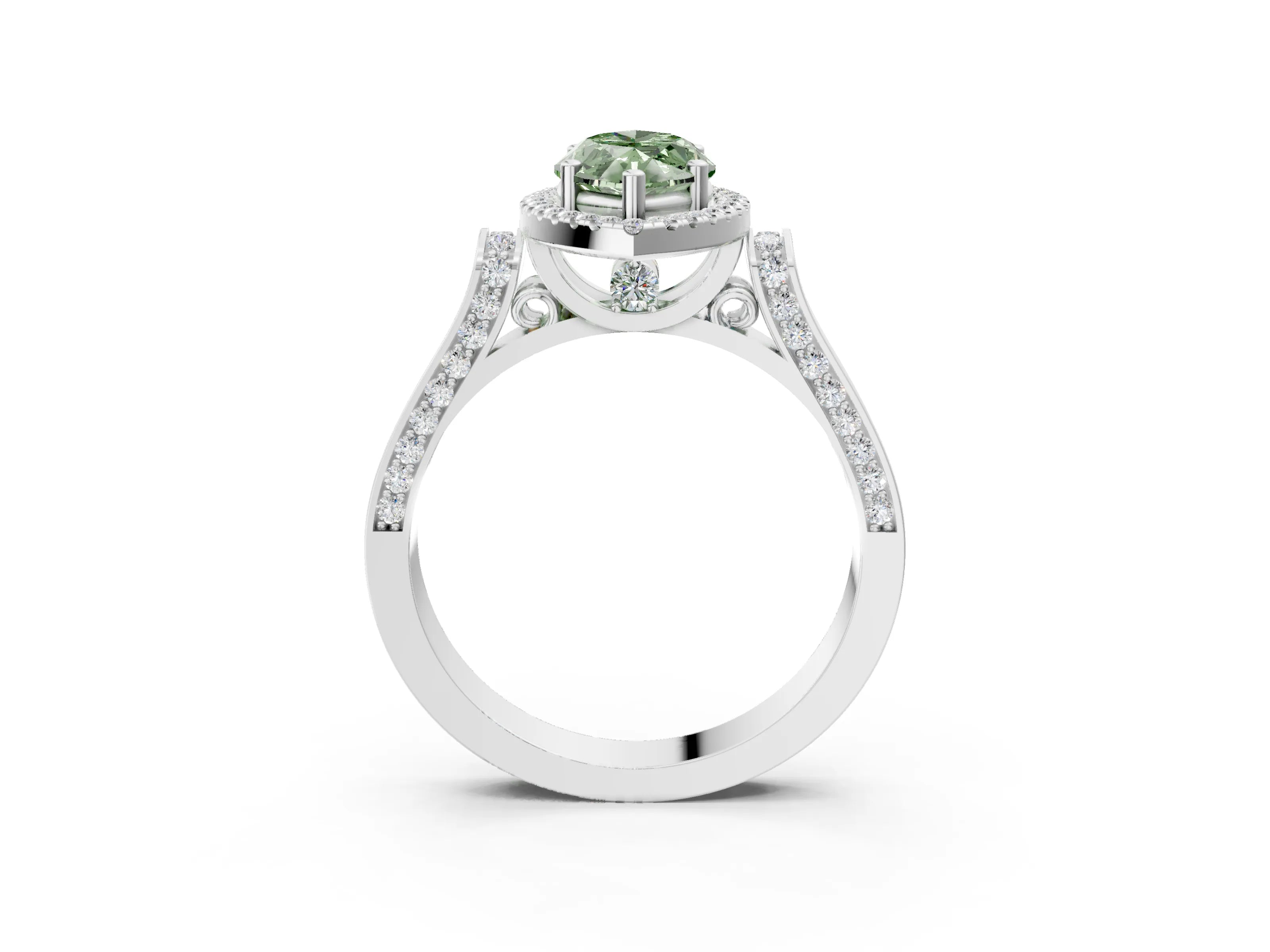 White gold Fancy Green Marquise Cut Halo Round Diamond Twist Band with Four-Prong Setting_28