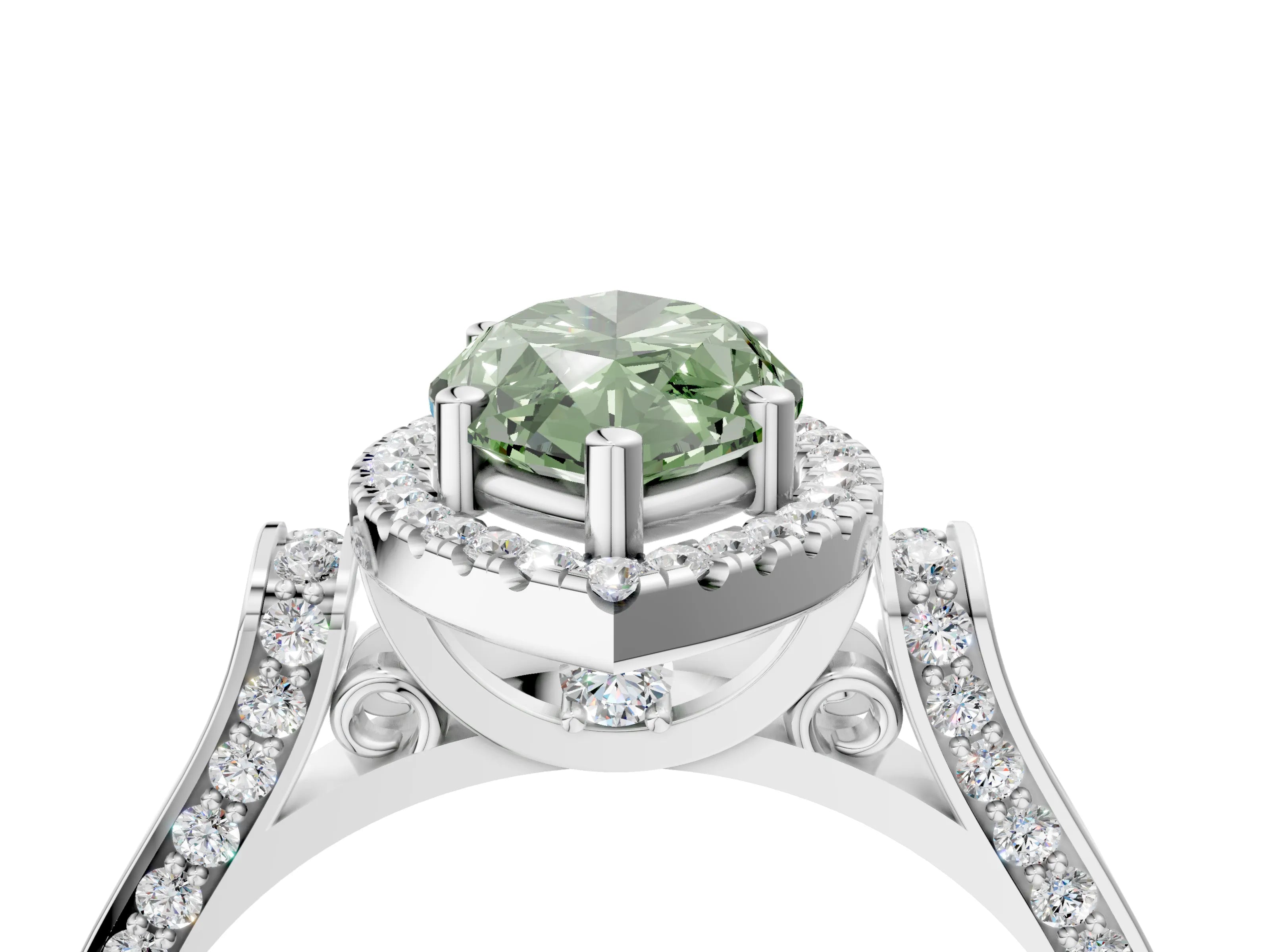 White gold Fancy Green Marquise Cut Halo Round Diamond Twist Band with Four-Prong Setting_29
