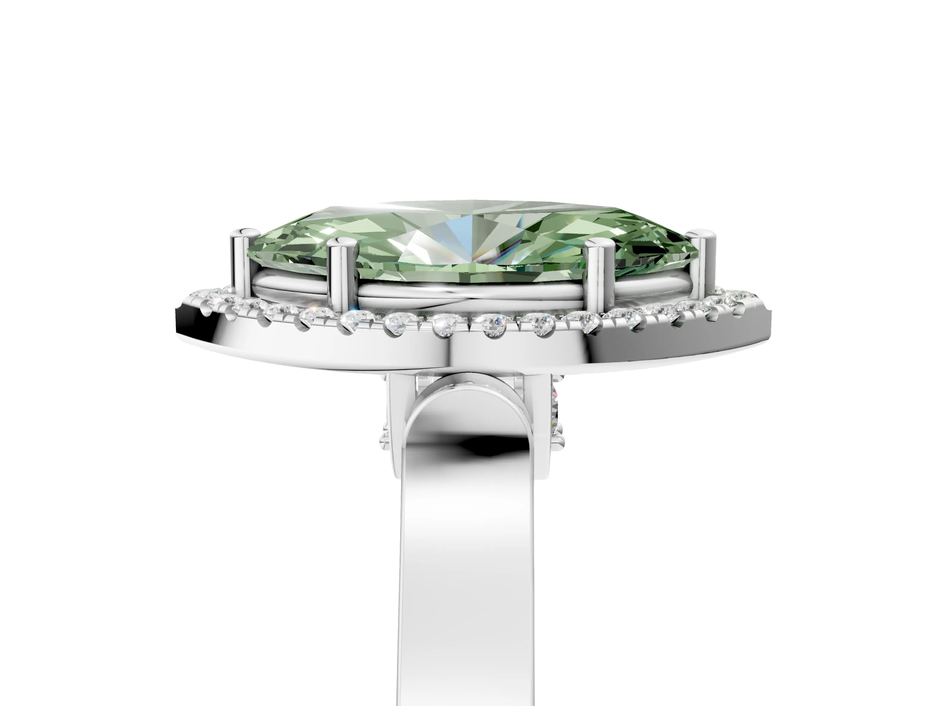 White gold Fancy Green Marquise Cut Halo Round Diamond Twist Band with Four-Prong Setting_30